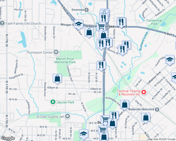 map of restaurants, bars, coffee shops, grocery stores, and more near 1400 North 2nd Street in Belleville