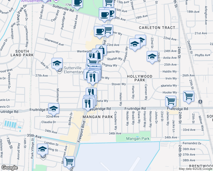 map of restaurants, bars, coffee shops, grocery stores, and more near 2034 Stover Way in Sacramento