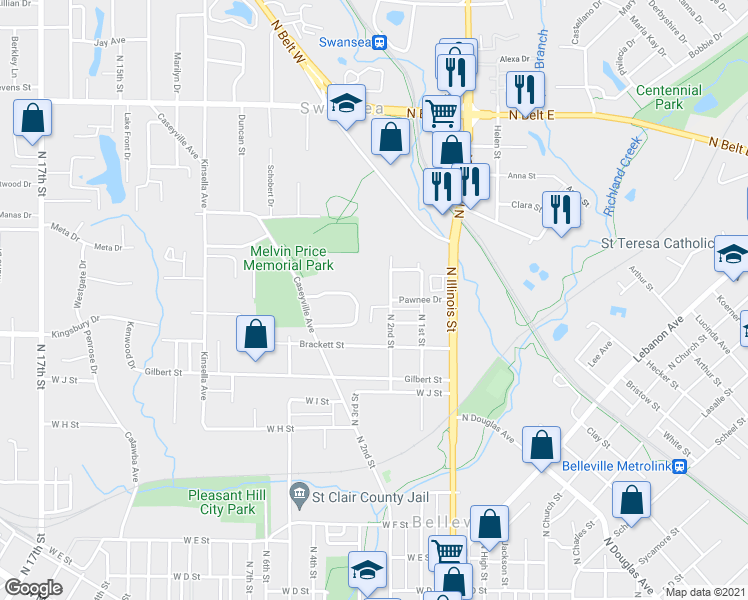map of restaurants, bars, coffee shops, grocery stores, and more near 109 Pawnee Drive in Swansea