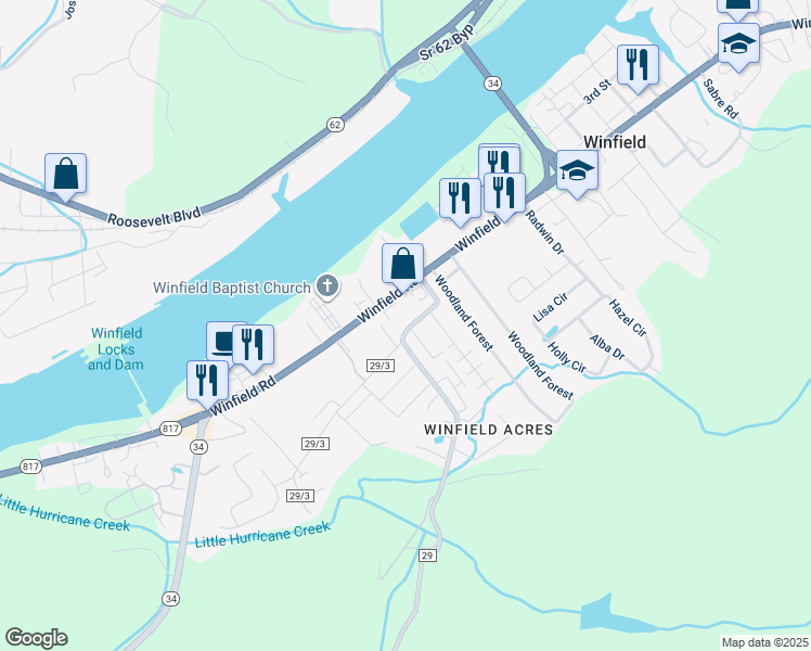 map of restaurants, bars, coffee shops, grocery stores, and more near 6191 Rocky Step Road in Winfield