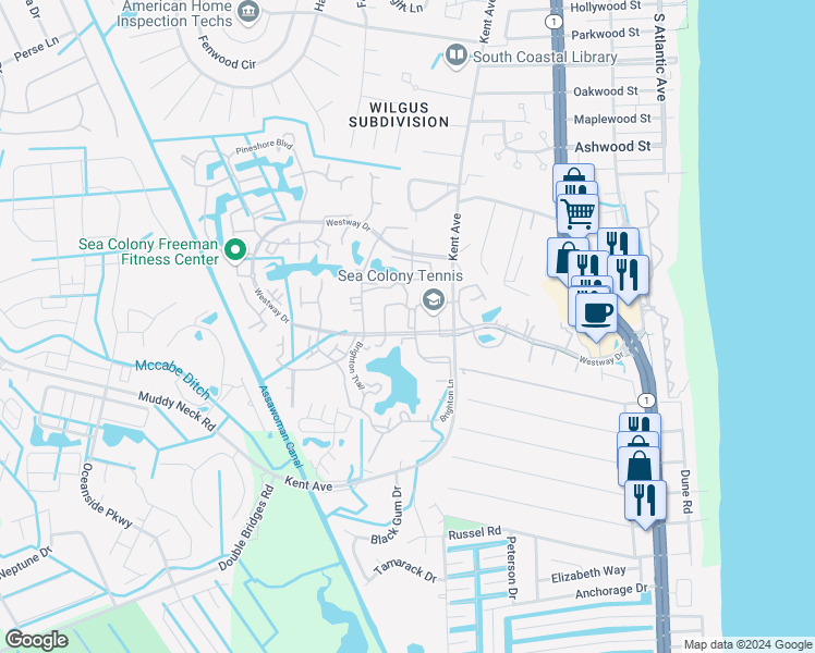 map of restaurants, bars, coffee shops, grocery stores, and more near Racquet Lane in Sussex County