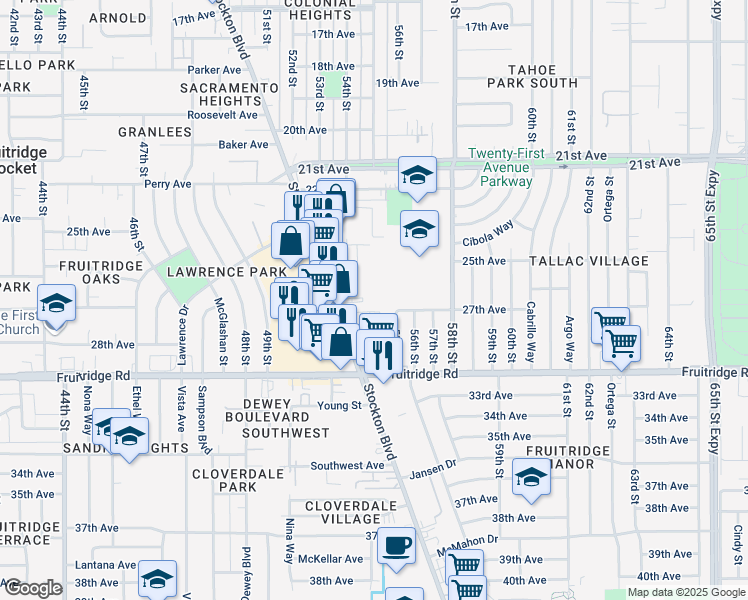 map of restaurants, bars, coffee shops, grocery stores, and more near 5501 27th Avenue in Sacramento