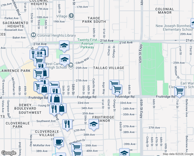 map of restaurants, bars, coffee shops, grocery stores, and more near 5230 Cabrillo Way in Sacramento