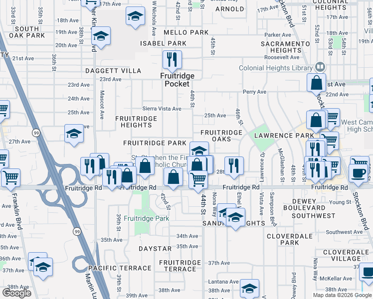 map of restaurants, bars, coffee shops, grocery stores, and more near 5322 44th Street in Sacramento