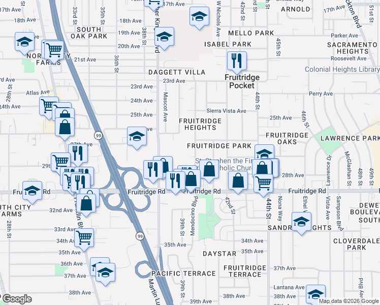 map of restaurants, bars, coffee shops, grocery stores, and more near 5260 Mendocino Boulevard in Sacramento