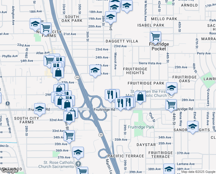 map of restaurants, bars, coffee shops, grocery stores, and more near 5200 Martin Luther King Junior Boulevard in Sacramento