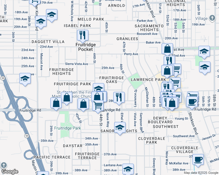 map of restaurants, bars, coffee shops, grocery stores, and more near 5211 45th Street in Sacramento