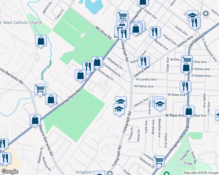 map of restaurants, bars, coffee shops, grocery stores, and more near 1672 Herault Place in St. Louis