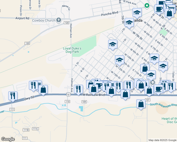map of restaurants, bars, coffee shops, grocery stores, and more near 1448 J Street in Salida
