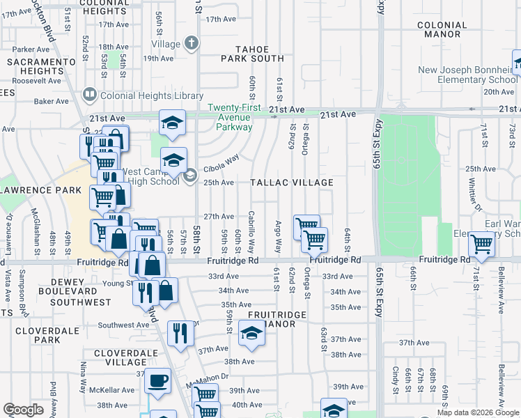 map of restaurants, bars, coffee shops, grocery stores, and more near 5230 Cabrillo Way in Sacramento