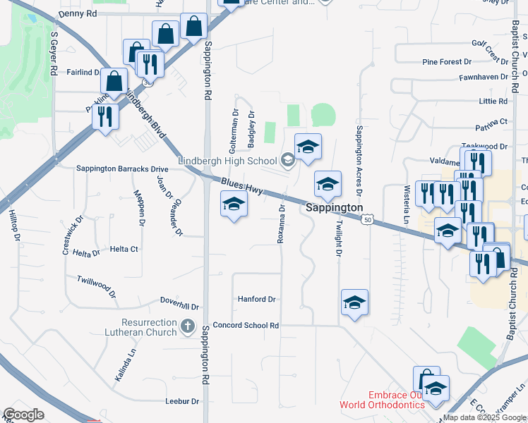 map of restaurants, bars, coffee shops, grocery stores, and more near 10519 Doe Run Court in Sappington