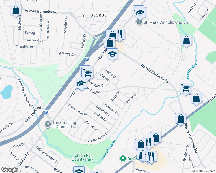 map of restaurants, bars, coffee shops, grocery stores, and more near 4114 Sweet Gum Drive in St. Louis