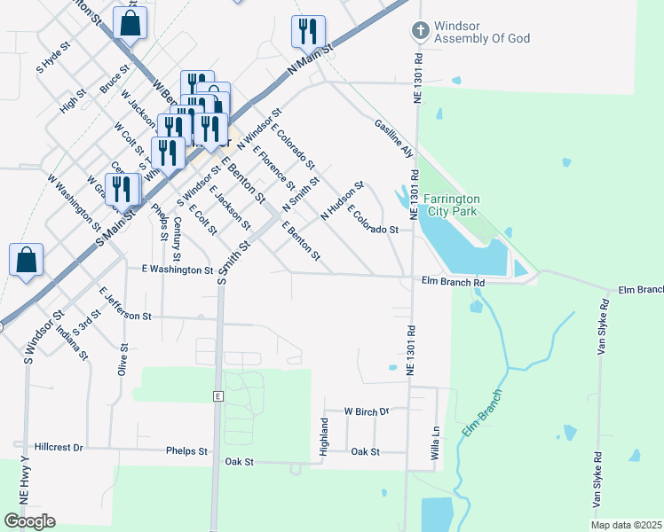 map of restaurants, bars, coffee shops, grocery stores, and more near 624 East Benton Street in Windsor