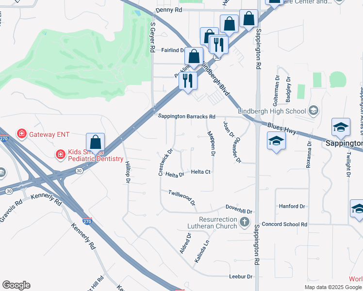 map of restaurants, bars, coffee shops, grocery stores, and more near 9806 Barrington Drive in St. Louis
