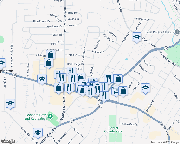 map of restaurants, bars, coffee shops, grocery stores, and more near 10431 Bimini Drive in St. Louis