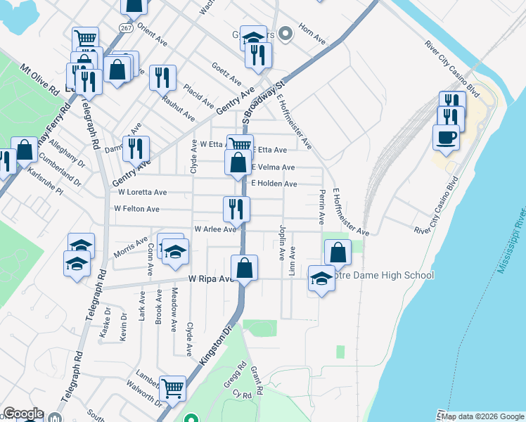 map of restaurants, bars, coffee shops, grocery stores, and more near 123 East Felton Avenue in Saint Louis