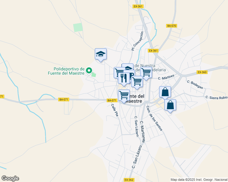 map of restaurants, bars, coffee shops, grocery stores, and more near 15 Calle Cavite in Fuente del Maestre