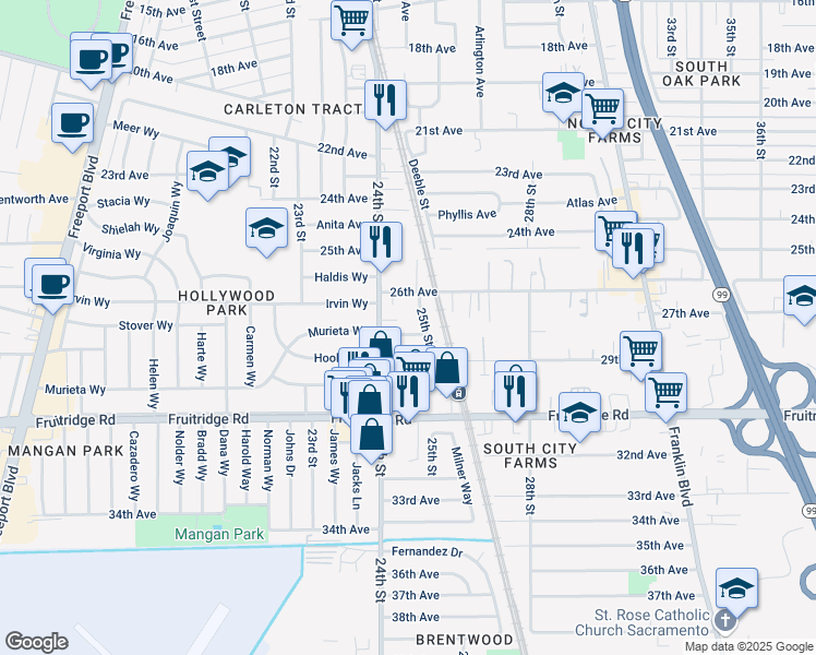 map of restaurants, bars, coffee shops, grocery stores, and more near 2461 27th Avenue in Sacramento