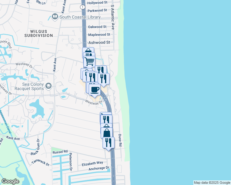 map of restaurants, bars, coffee shops, grocery stores, and more near 202 Farragut House Road in Bethany Beach
