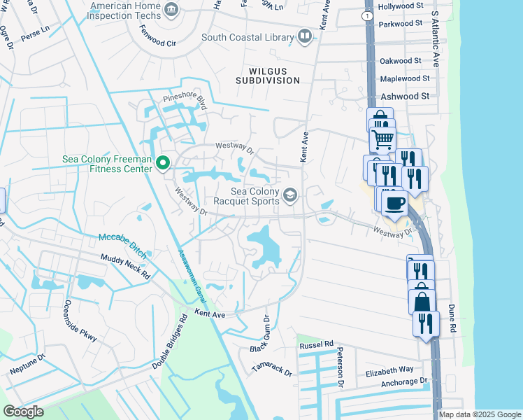 map of restaurants, bars, coffee shops, grocery stores, and more near Racquet Lane in Sussex County