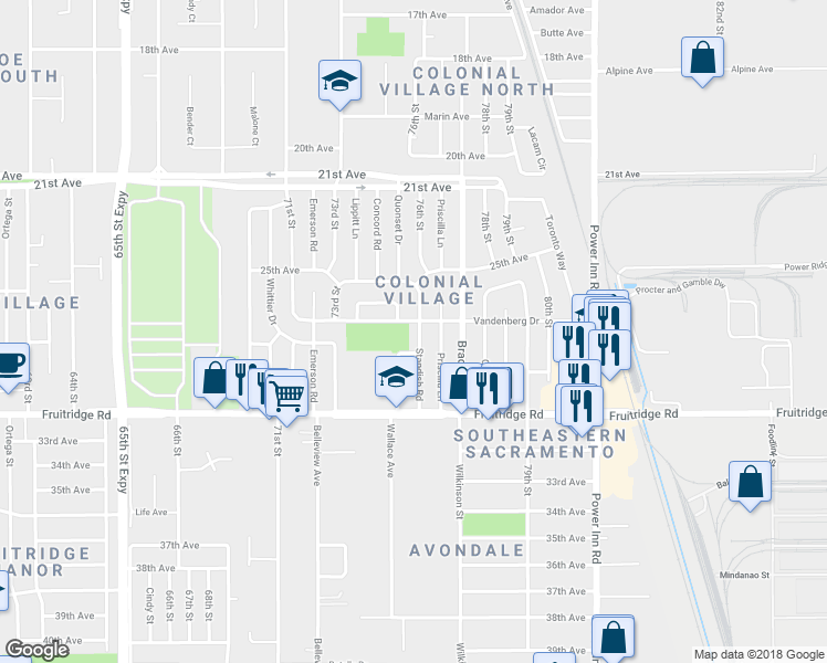 map of restaurants, bars, coffee shops, grocery stores, and more near 5250 Standish Road in Sacramento