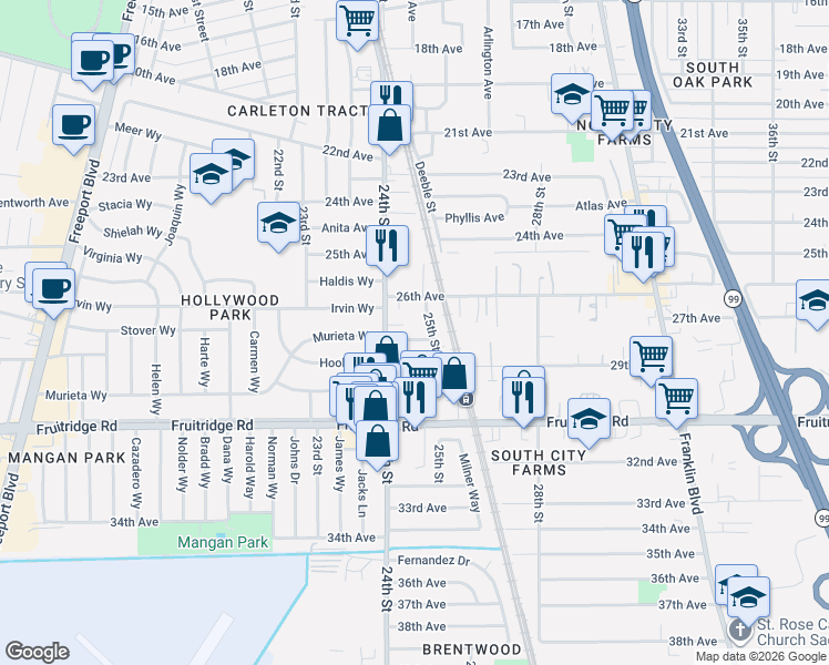 map of restaurants, bars, coffee shops, grocery stores, and more near 2461 27th Avenue in Sacramento