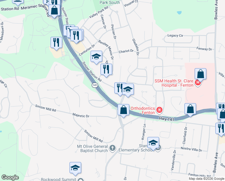 map of restaurants, bars, coffee shops, grocery stores, and more near 1721 Vandover Road in Fenton
