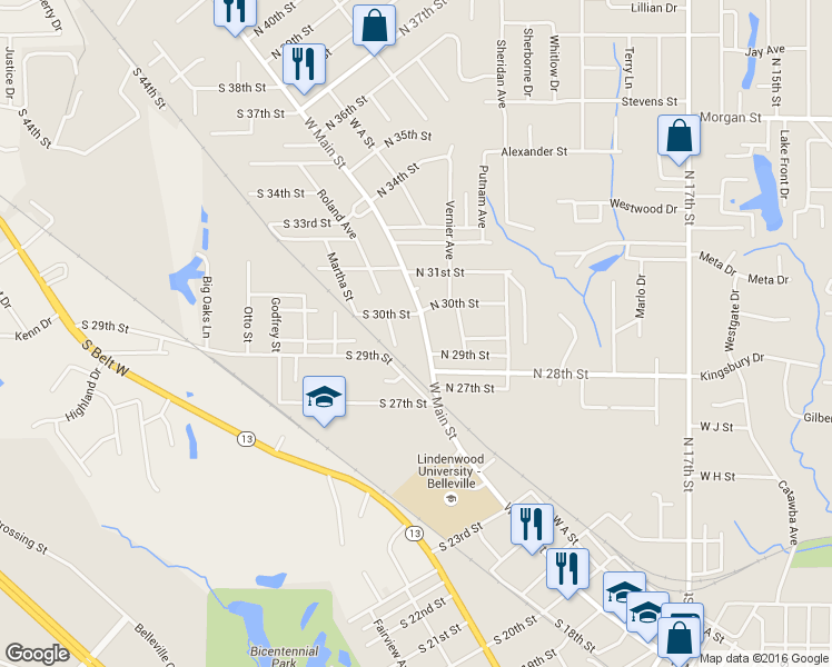 map of restaurants, bars, coffee shops, grocery stores, and more near 2916 West Main Street in Belleville