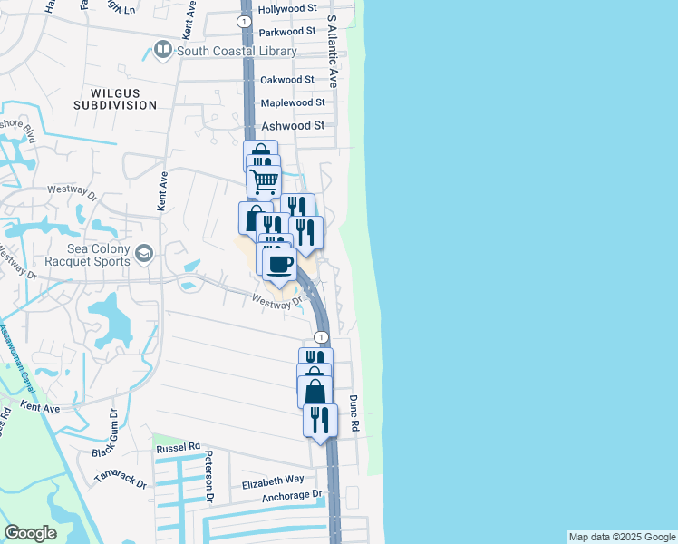 map of restaurants, bars, coffee shops, grocery stores, and more near 202 Farragut House Road in Bethany Beach