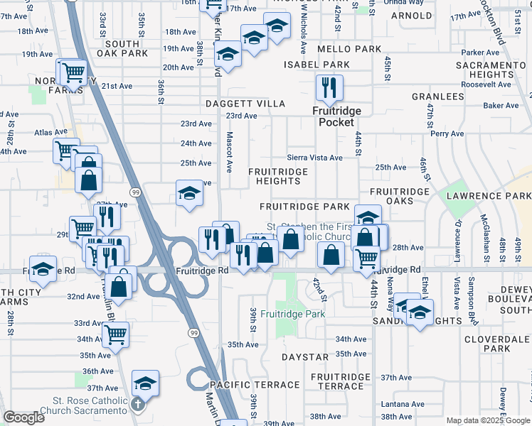 map of restaurants, bars, coffee shops, grocery stores, and more near 5260 Mendocino Boulevard in Sacramento