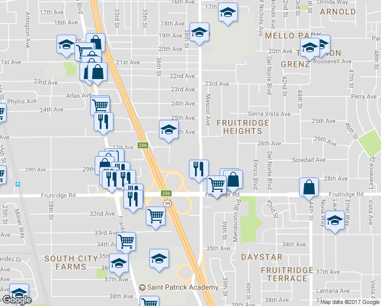 map of restaurants, bars, coffee shops, grocery stores, and more near 5200 Martin Luther King Junior Boulevard in Sacramento