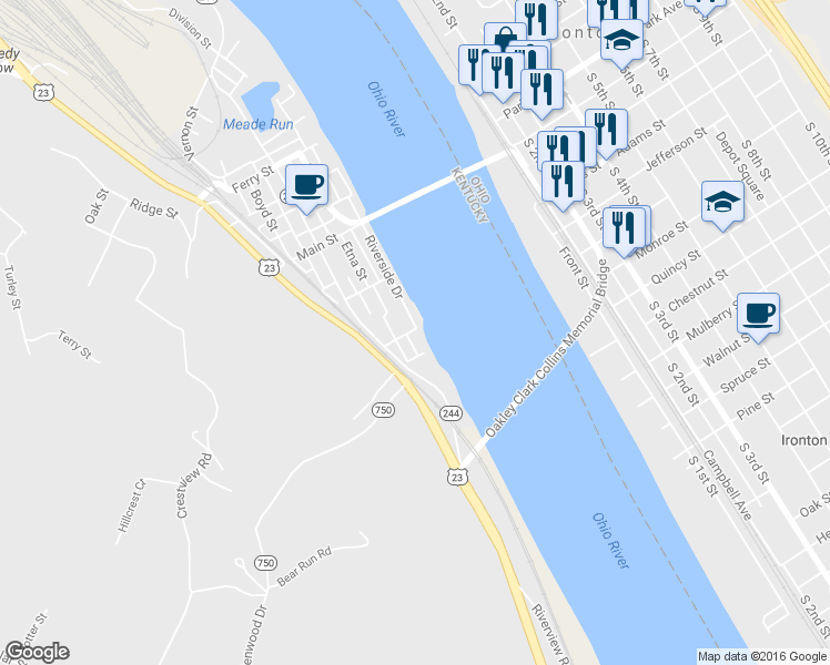 map of restaurants, bars, coffee shops, grocery stores, and more near 101 Clinton Street in Russell