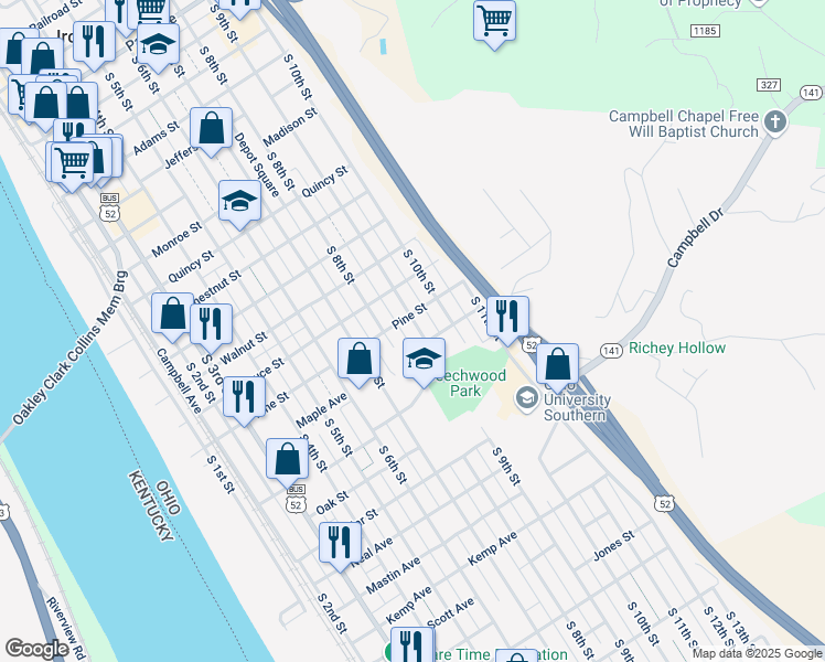 map of restaurants, bars, coffee shops, grocery stores, and more near 1412 South 9th Street in Ironton