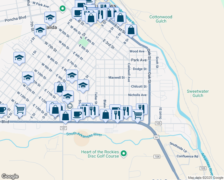 map of restaurants, bars, coffee shops, grocery stores, and more near 416 Palmer Street in Salida