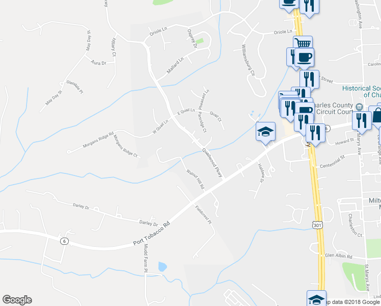map of restaurants, bars, coffee shops, grocery stores, and more near 11 Quailwood Parkway in La Plata