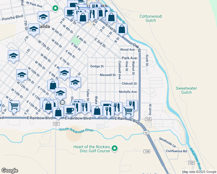map of restaurants, bars, coffee shops, grocery stores, and more near 416 Palmer Street in Salida