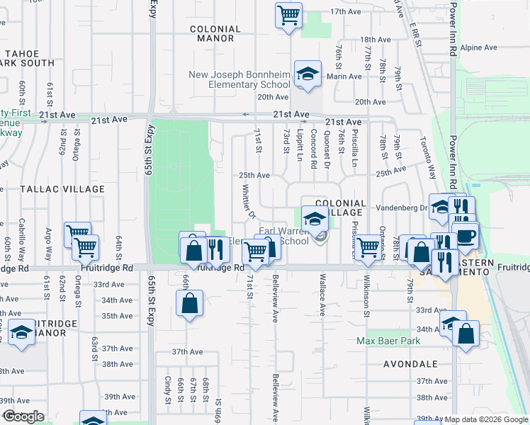 map of restaurants, bars, coffee shops, grocery stores, and more near 5300 Emerson Road in Sacramento