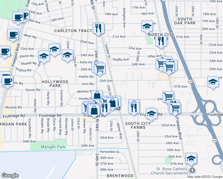 map of restaurants, bars, coffee shops, grocery stores, and more near 5281 25th Street in Sacramento