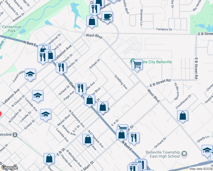 map of restaurants, bars, coffee shops, grocery stores, and more near 2008 Muren Boulevard in Belleville