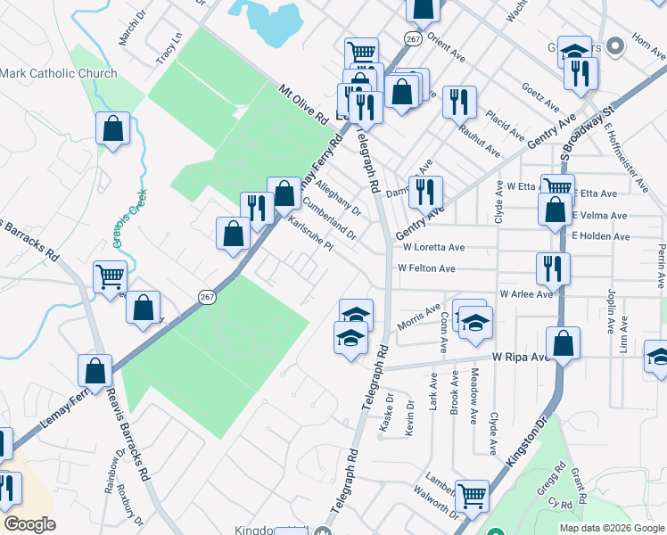map of restaurants, bars, coffee shops, grocery stores, and more near 1672 Herault Place in St. Louis