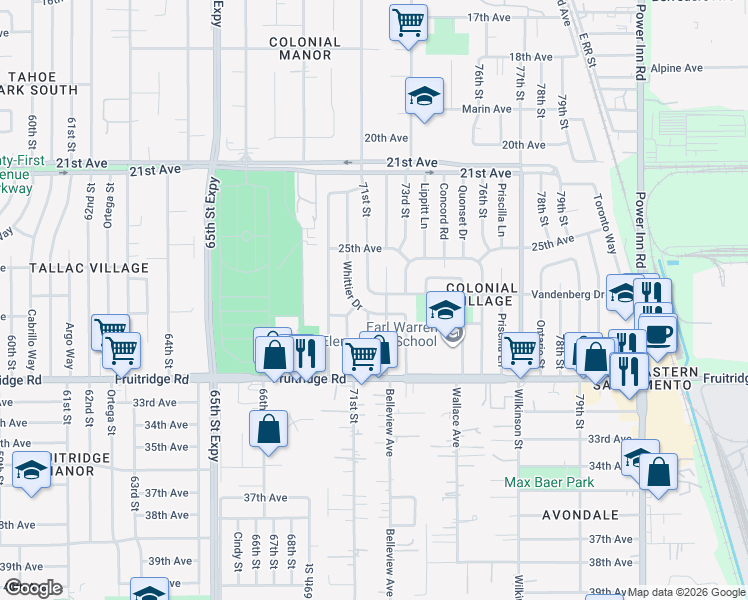 map of restaurants, bars, coffee shops, grocery stores, and more near 5300 Emerson Road in Sacramento