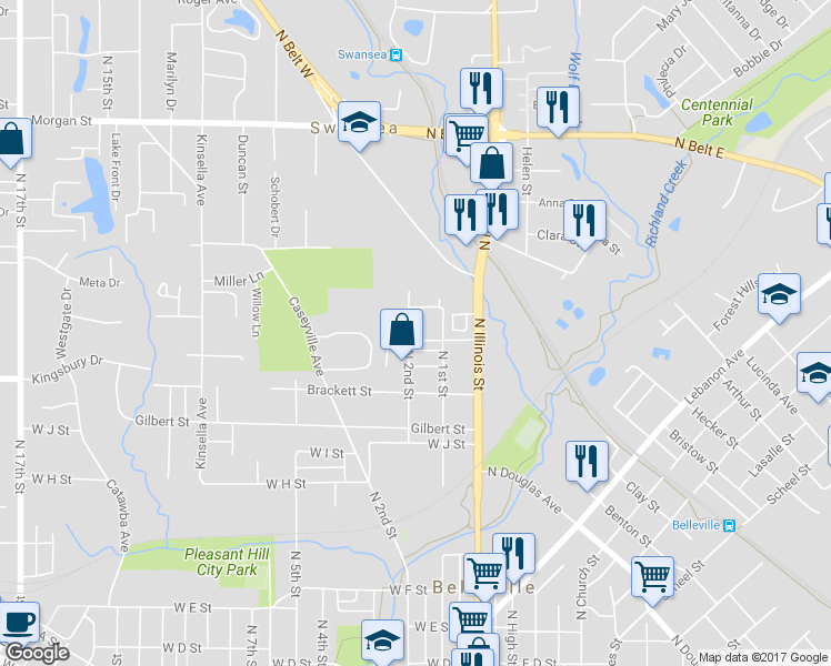 map of restaurants, bars, coffee shops, grocery stores, and more near 1400 North 2nd Street in Belleville