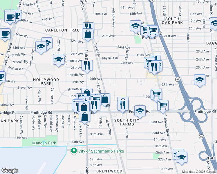 map of restaurants, bars, coffee shops, grocery stores, and more near 5281 25th Street in Sacramento