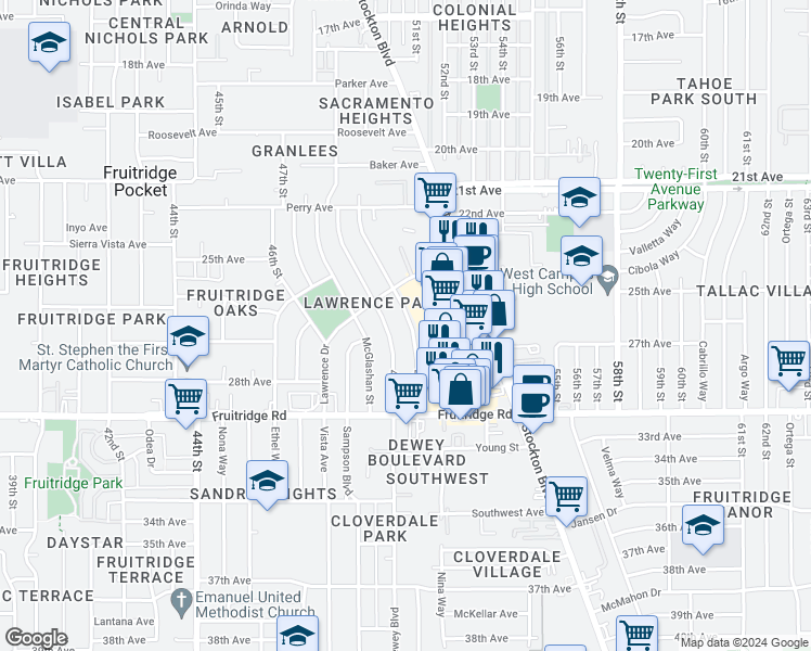 map of restaurants, bars, coffee shops, grocery stores, and more near 5240 49th Street in Sacramento