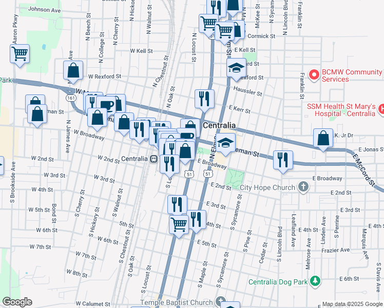 map of restaurants, bars, coffee shops, grocery stores, and more near 232 East Broadway in Centralia