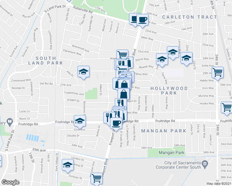 map of restaurants, bars, coffee shops, grocery stores, and more near 1900 Arica Way in Sacramento