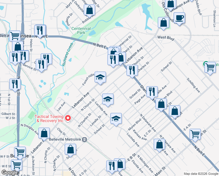 map of restaurants, bars, coffee shops, grocery stores, and more near 1514 North Church Street in Belleville