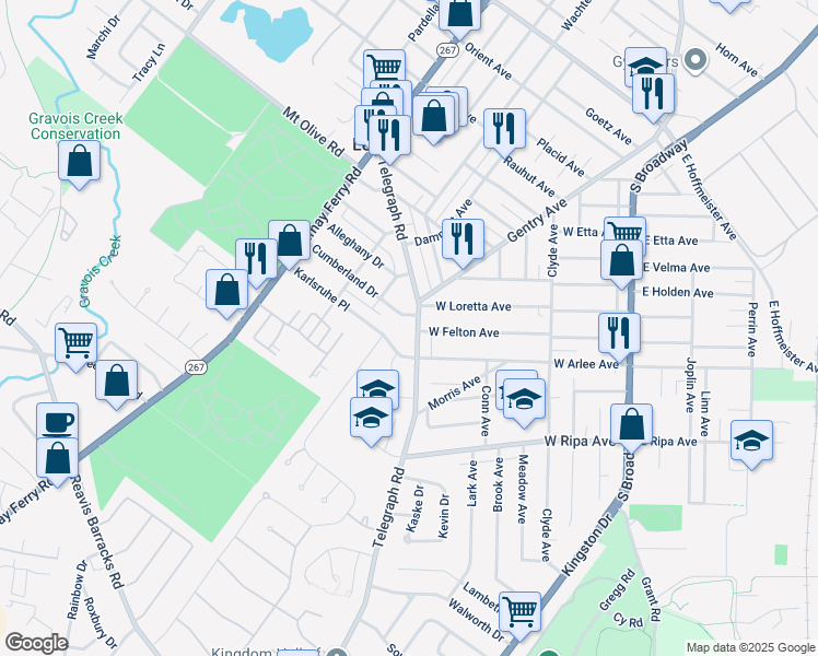 map of restaurants, bars, coffee shops, grocery stores, and more near 623 West Arlee Avenue in St. Louis