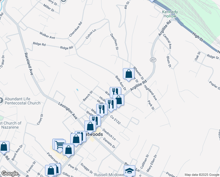 map of restaurants, bars, coffee shops, grocery stores, and more near E Street in Flatwoods