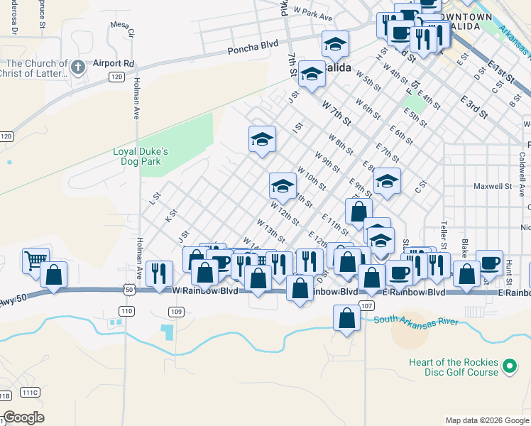 map of restaurants, bars, coffee shops, grocery stores, and more near 1231 H Street in Salida